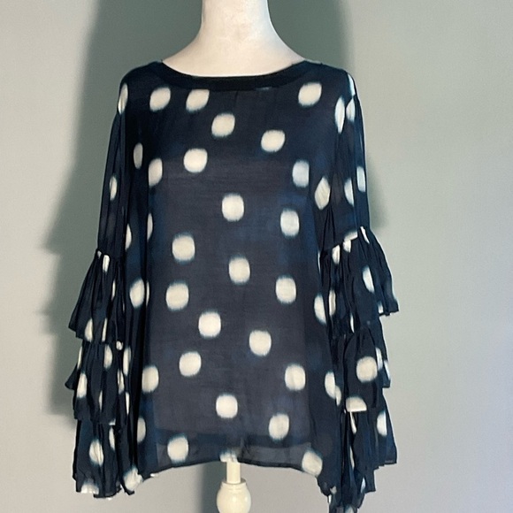 Chico's Size 2 Sheer Navy/Big White Polka Dots, Multi-Tiered Gathered Sleeves - Picture 7 of 16